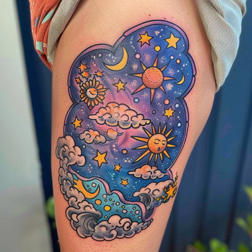 Vibrant flat tattoo of starry night sky with dream symbols