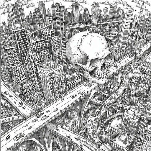 Bustling city scene with a skull incorporated into urban graffiti, coloring book page