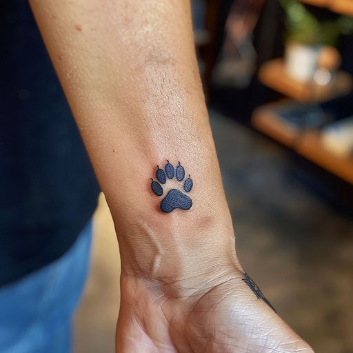 Simple paw print tattoo, Steve McNiven style, wrist