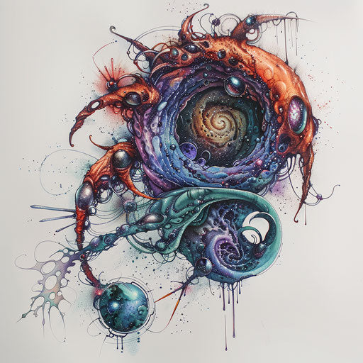 Biomechanical galaxy tattoo design merging organic and mechanical elements with cosmic themes, on a white canvas