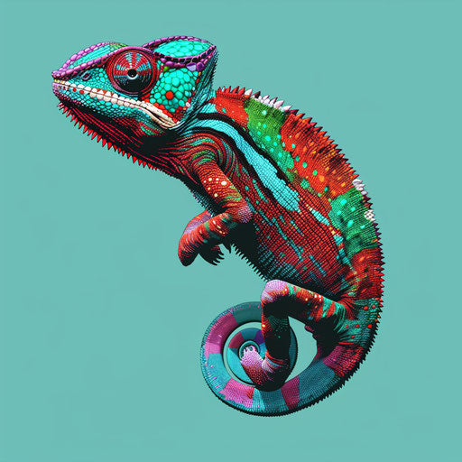 Realistic chameleon on turquoise background with bold lines