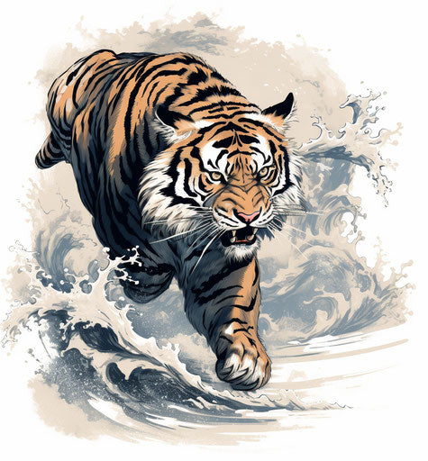 Tiger running, traditional Japanese style