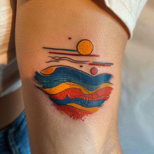 Abstract and geometric beach tattoo design with sun, sea, and sand elements in bold colors