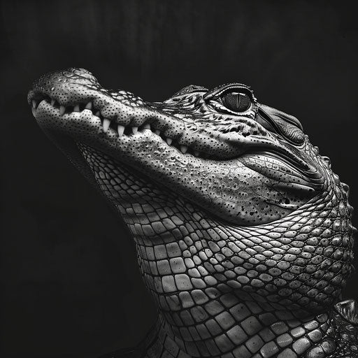 Majestic black and white portrait of a powerful alligator