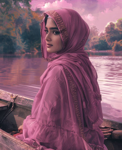 Beautiful Muslim woman on pink boat, ghosting effect