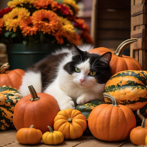 Calico cat resting with pumpkins