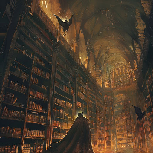 Bat in the labyrinth of towering bookshelves in the magical library