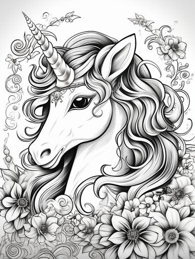 Adult coloring pages of baby unicorn, shiny eyes style, detailed perfection 3:4