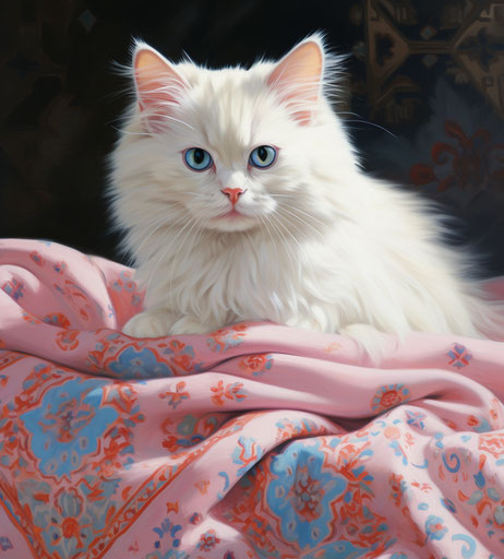 Pink and white kitty on blanket, big blue eye, Persian miniature style