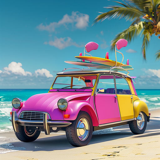 Citroen DS 20 beach buggy with colorful surfboards on roof