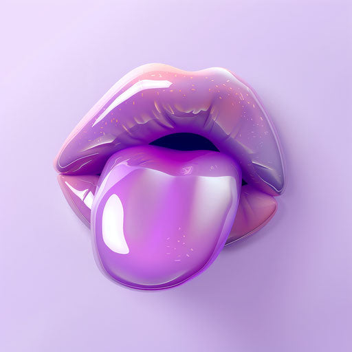 Flat lavender background, realistic tongue clipart, glossy shine