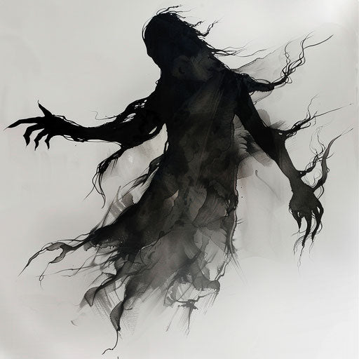 Ghostly silhouette emerging from fog, eerie tattoo on white backdrop