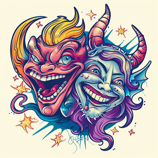 Vibrant flat tattoo sketch of a laughing devil and a serene angel