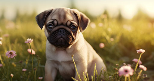Pug puppy in front of a daisy meadow