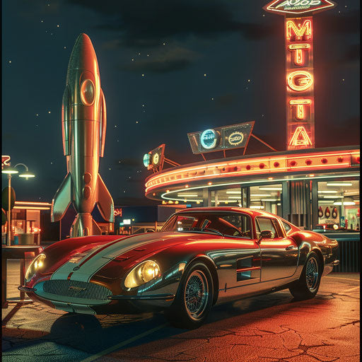 Retro-futuristic vehicle with chrome details and 1950s rocket inspiration, parked at a retro diner.