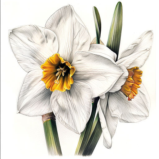 Realistic drawing of a Narcissus flower, lifelike colors and textures on white background