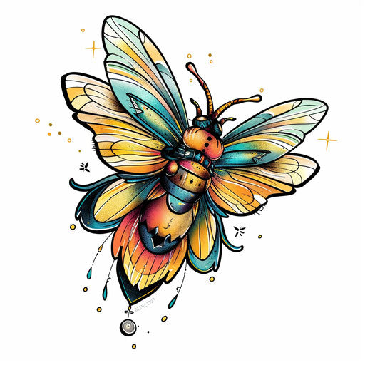 Whimsical illustration of a firefly with doodle-like lines and colorful accents in clipart style