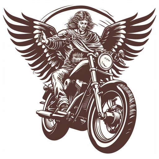 Archangel Michael with vintage motorcycle on white background