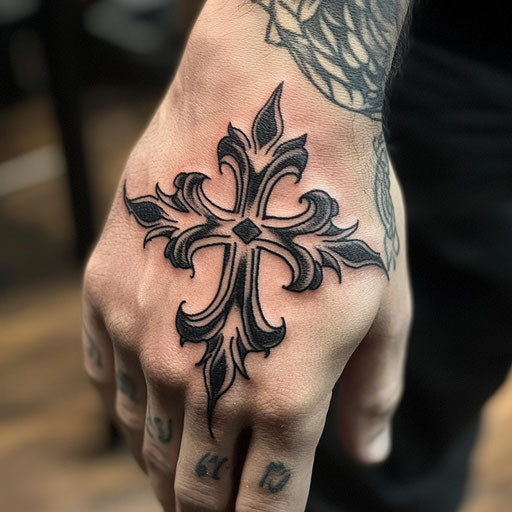 Cross tattoo on hand with tribal flames