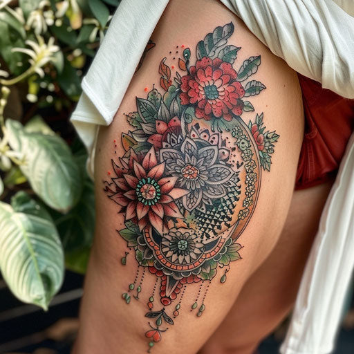 Floral mandala thigh tattoo
