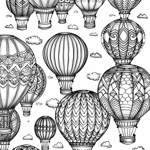 Colorful hot air balloons in the sky, intricate patterns