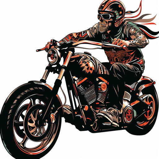 Exotic flat tattoo sketch of a biker with tribal patterns