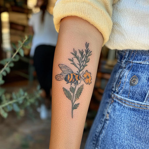 Small arm tattoos with a honeybee and a single flower