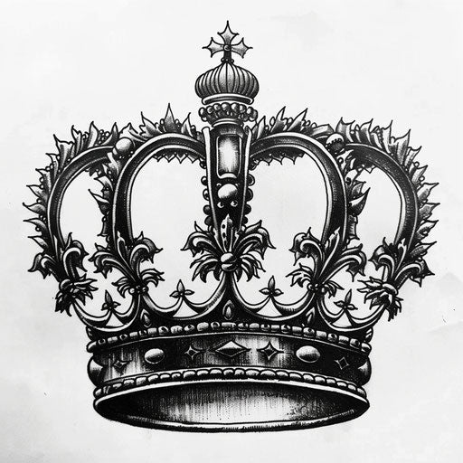 Intricate king crown tattoo design in black ink on white background