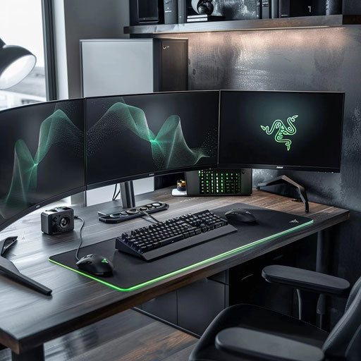 Sleek all-black home office setup with backlit LED monitors