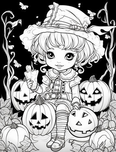 Halloween coloring pages on the BBC, in the style of kawaii charm