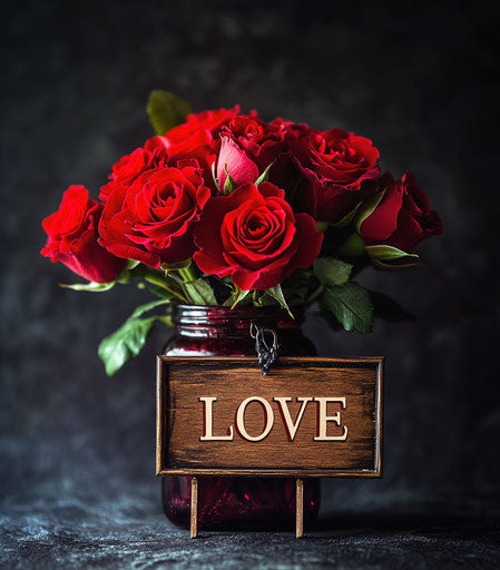Valentine's Day red rose bouquet in burgundy jar