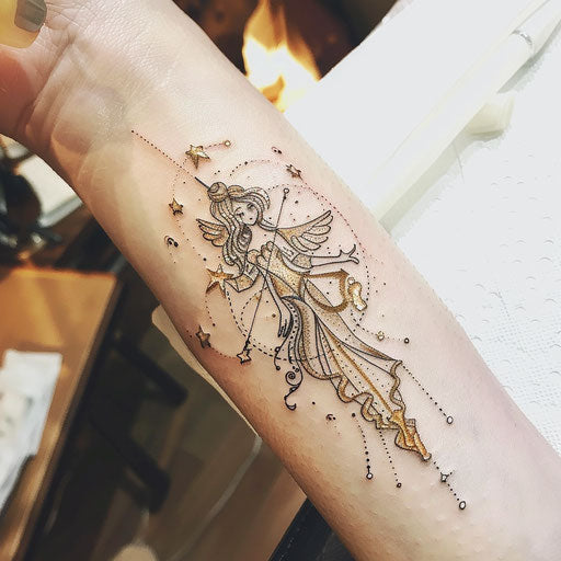 Sketch of Virgo constellation tattoo with shimmering gold accents