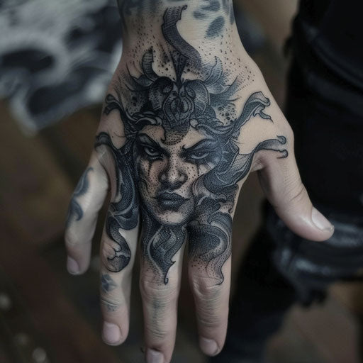 Finger tattoos for men in the style of Gerald Brom with dark fairy tale elements