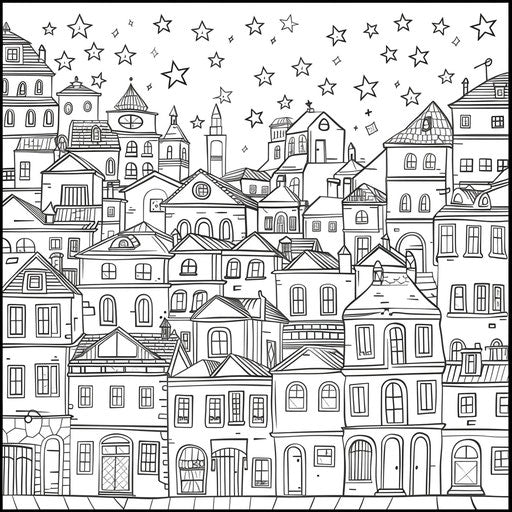 Whimsical cityscape at night with stars in the sky