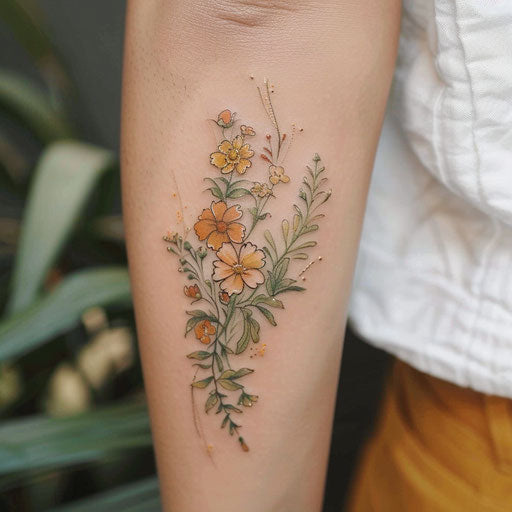 Wildflower tattoo on forearm, trailing design