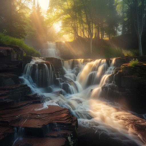 Porcupine Mountains' waterfalls flowing through lush forests