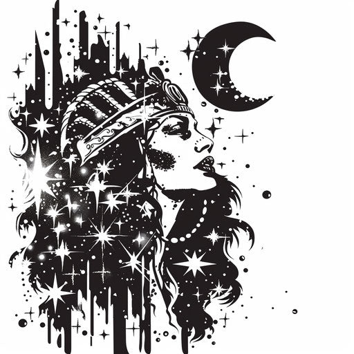 Cleopatra among the stars, cosmic theme in silver ink on white