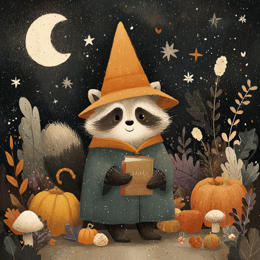 A cute raccoon as a wizard in a whimsical Halloween scene
