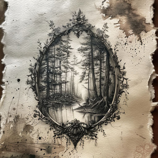Flat tattoo sketch of an enchanted mirror reflecting a mystical forest scene