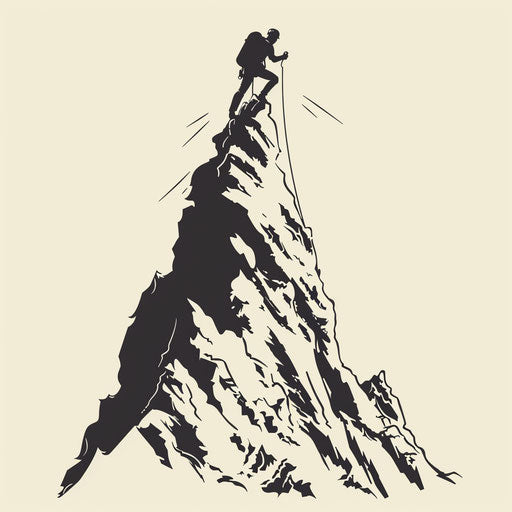 Artistic flat tattoo sketch of a climber reaching the summit of a craggy peak