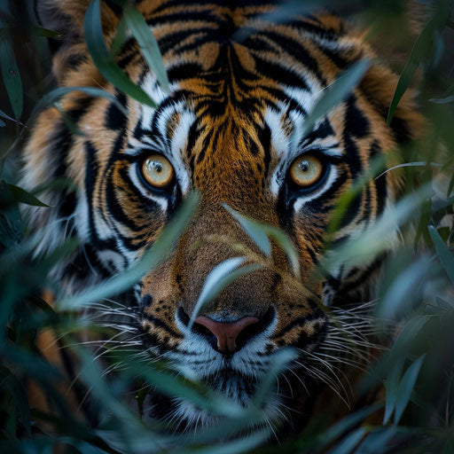 Tiger's gaze through foliage, a natural frame of connection