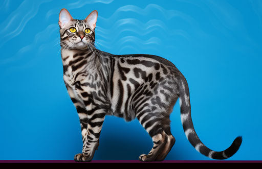 Bengal cat on blue background, style dark silver and light maroon