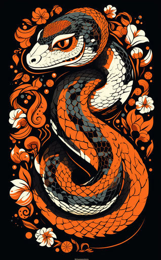 Ethnic snake cartoon in fantastic style with symbolism, orange and black