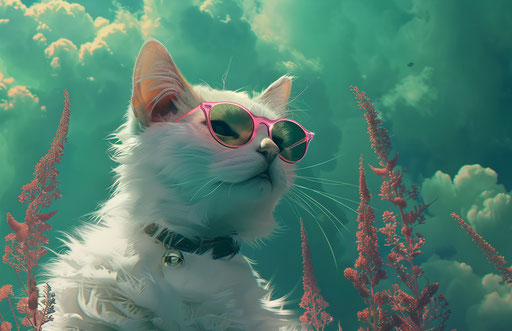 Cat in pink sunglasses on green background, beeple style