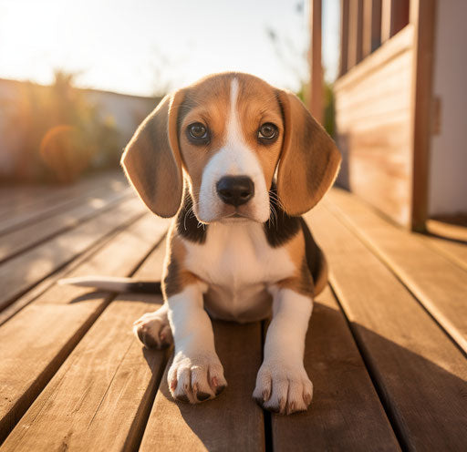 Cute beagle puppy on wooden deck, eyes wide open