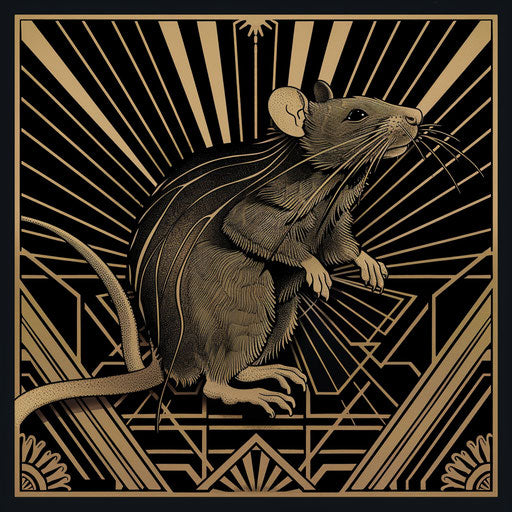 Dramatic tattoo sketch of a rat in an art deco style