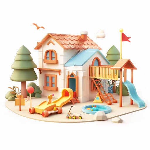 Photo realistic daycare clipart on flat white background, details