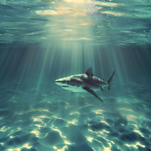 Tiger shark in a tranquil sea with rays of sunlight penetrating