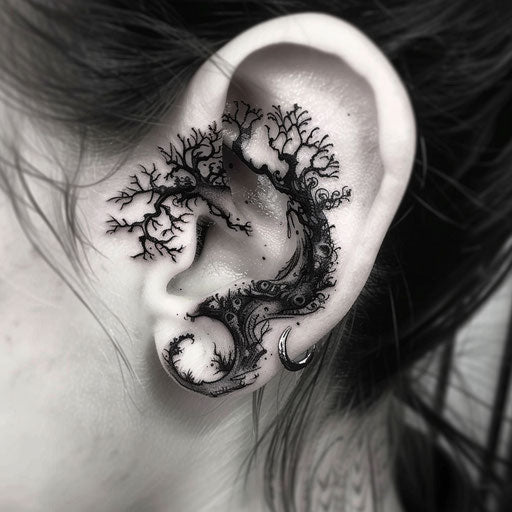 Ear tattoos in the style of David Palumbo with dark, fantasy elements