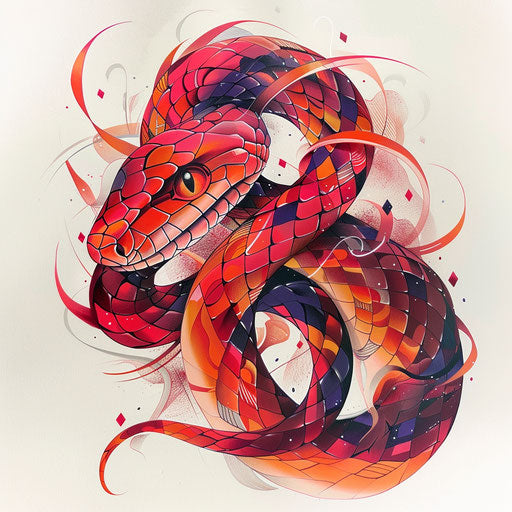 Red snake morphing into ribbons, surreal flat tattoo sketch